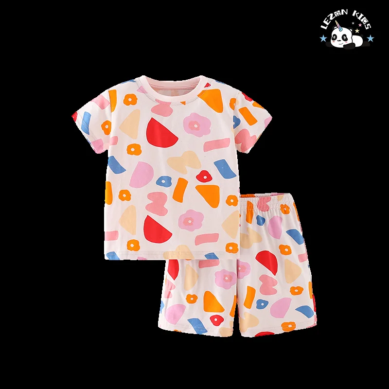 LEZONKIDS - New in 2024 children printed round neck short sleeved pants cotton fabric daily life girls sets